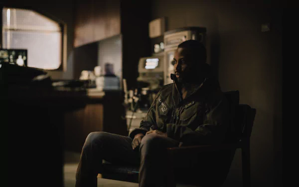 HD desktop wallpaper featuring a contemplative person sitting in a dimly lit room with background equipment, tagged as The Creator (2023).