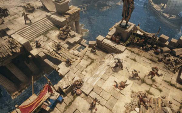 HD desktop wallpaper featuring Titan Quest II gameplay with ancient ruins and harbor view.