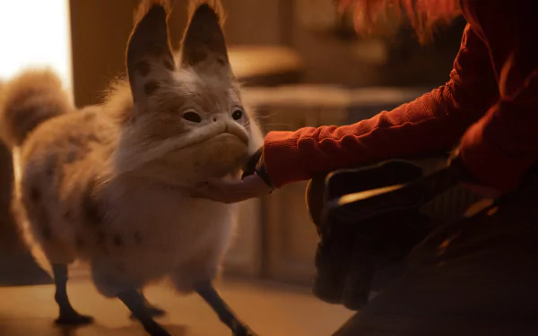 HD desktop wallpaper featuring a close-up of a creature reminiscent of Ahsoka's companion from Star Wars being gently touched by a human hand, with warm lighting enhancing the cozy atmosphere.