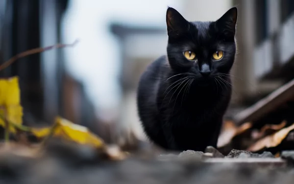 A striking black cat with vivid yellow eyes prowls along a path, surrounded by scattered leaves and a blurred background, captured in high definition for a dynamic desktop wallpaper.