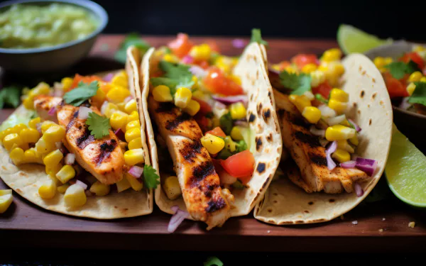 Three delicious fajitas filled with grilled chicken, corn, tomatoes, and onions are displayed on a wooden board, accompanied by lime wedges and a bowl of guacamole. Great HD desktop wallpaper.