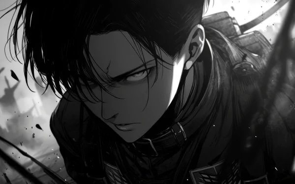HD desktop wallpaper featuring Levi Ackerman from Attack on Titan manga, in a dynamic and intense black and white illustration.