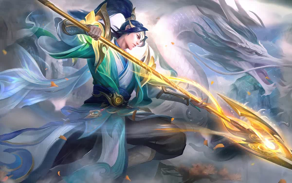 Zilong from Mobile Legends: Bang Bang in dynamic battle pose with glowing spear, featured in a 4K Ultra HD PC desktop wallpaper and background.