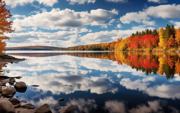 HD desktop wallpaper featuring a serene lake with vivid fall foliage reflecting off calm waters under a partly cloudy sky.