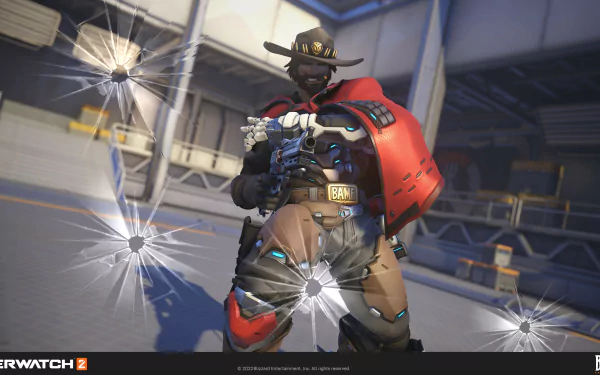 HD Overwatch 2 desktop wallpaper featuring Cassidy in action at an in-game location.