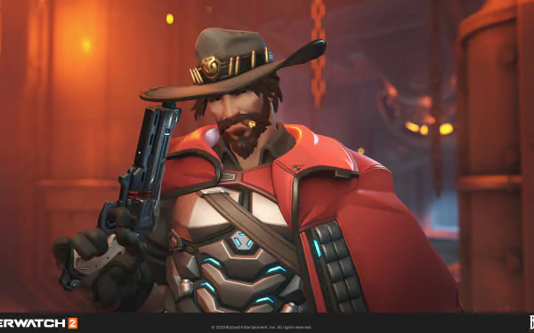 High-definition wallpaper featuring Cassidy from Overwatch 2, showcasing his iconic hat and a confident stance with a revolver in a dynamic game environment.