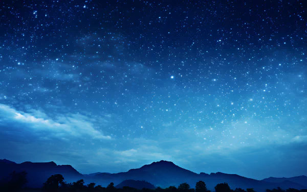 Majestic starry sky at night, perfect as an HD desktop wallpaper. Bright stars illuminate the dark sky, creating a serene and captivating scene.