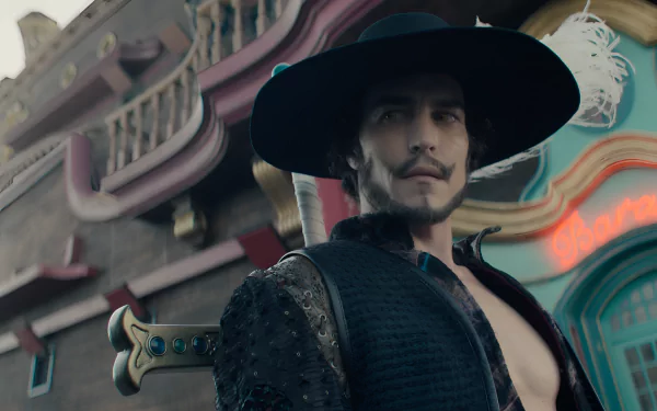 HD desktop wallpaper featuring the character inspired by Dracule Mihawk from the One Piece live-action adaptation, posed with a sword and a majestic feathered hat against an Eastern-style building backdrop.