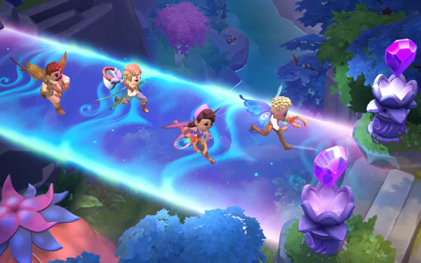HD desktop wallpaper featuring animated fairies flying over a mystical farm with glowing flowers and crystals.
