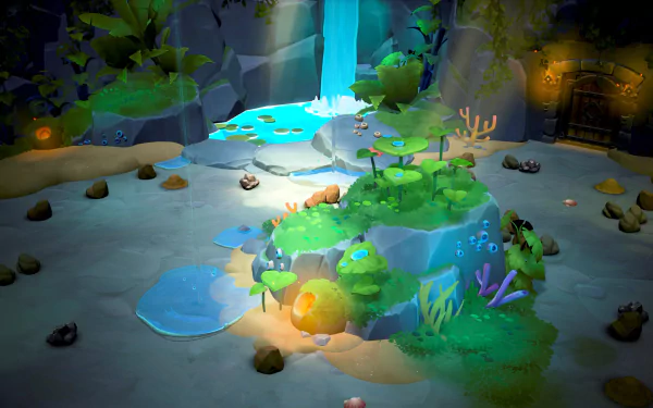 HD desktop wallpaper of Fae Farm featuring enchanting underground landscape with magical flora, glowing mushrooms, and a mystical stream.