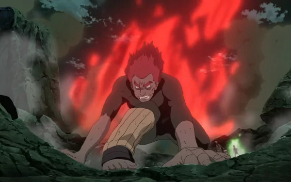 HD anime desktop wallpaper featuring Naruto's Might Guy in rage mode using the Eight Gates technique, surrounded by intense red flames.