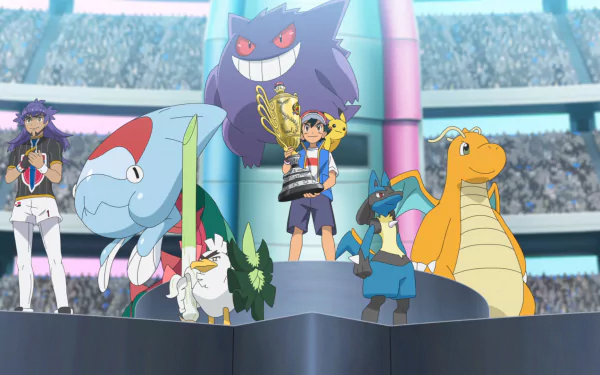 An HD desktop wallpaper from Pokémon Ultimate Journeys: The Series, featuring Ash and his Pokémon celebrating a victory at a championship event.