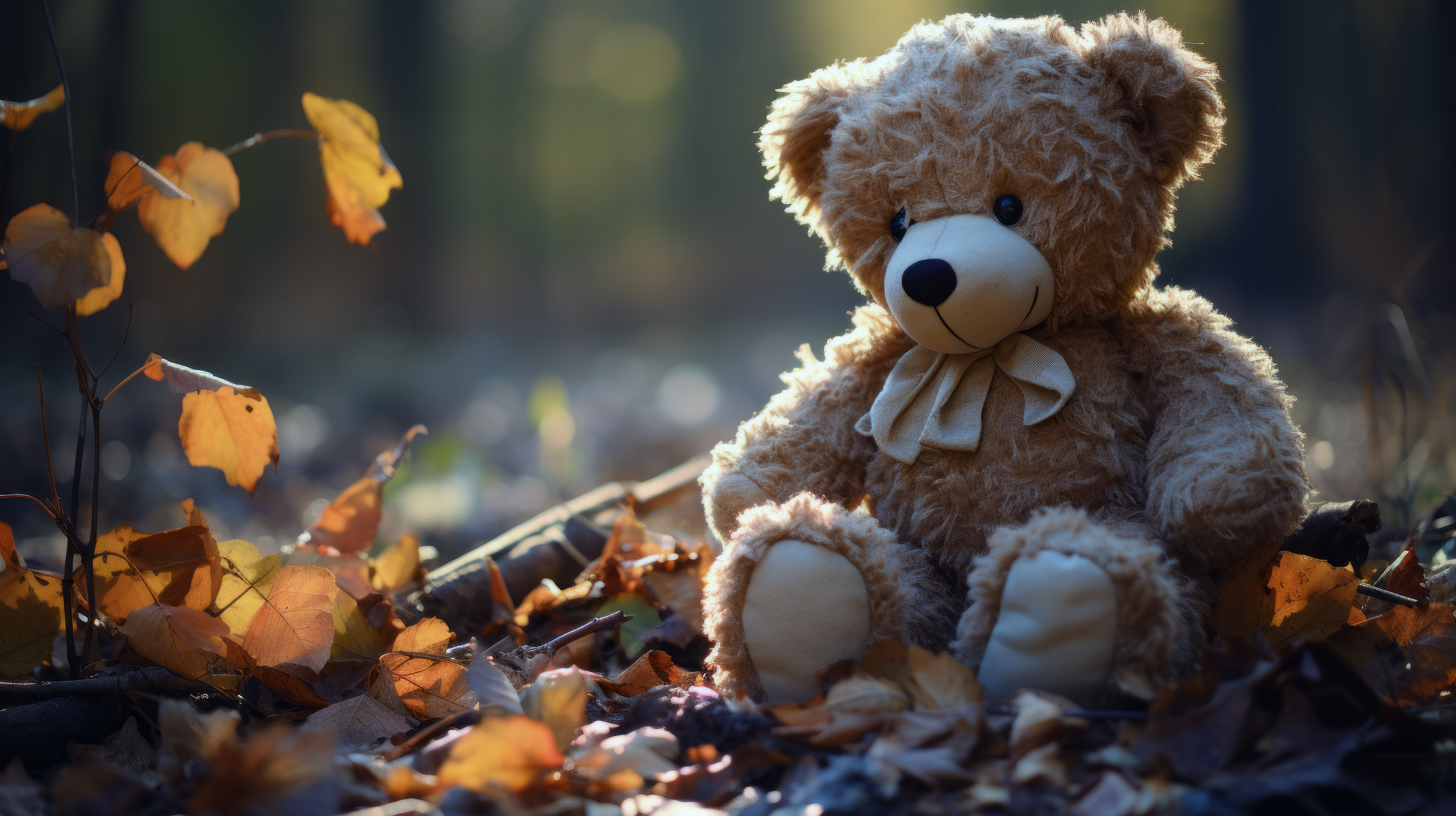HD wallpaper of a fluffy teddy bear sitting among autumn leaves, creating a warm and cozy desktop background.