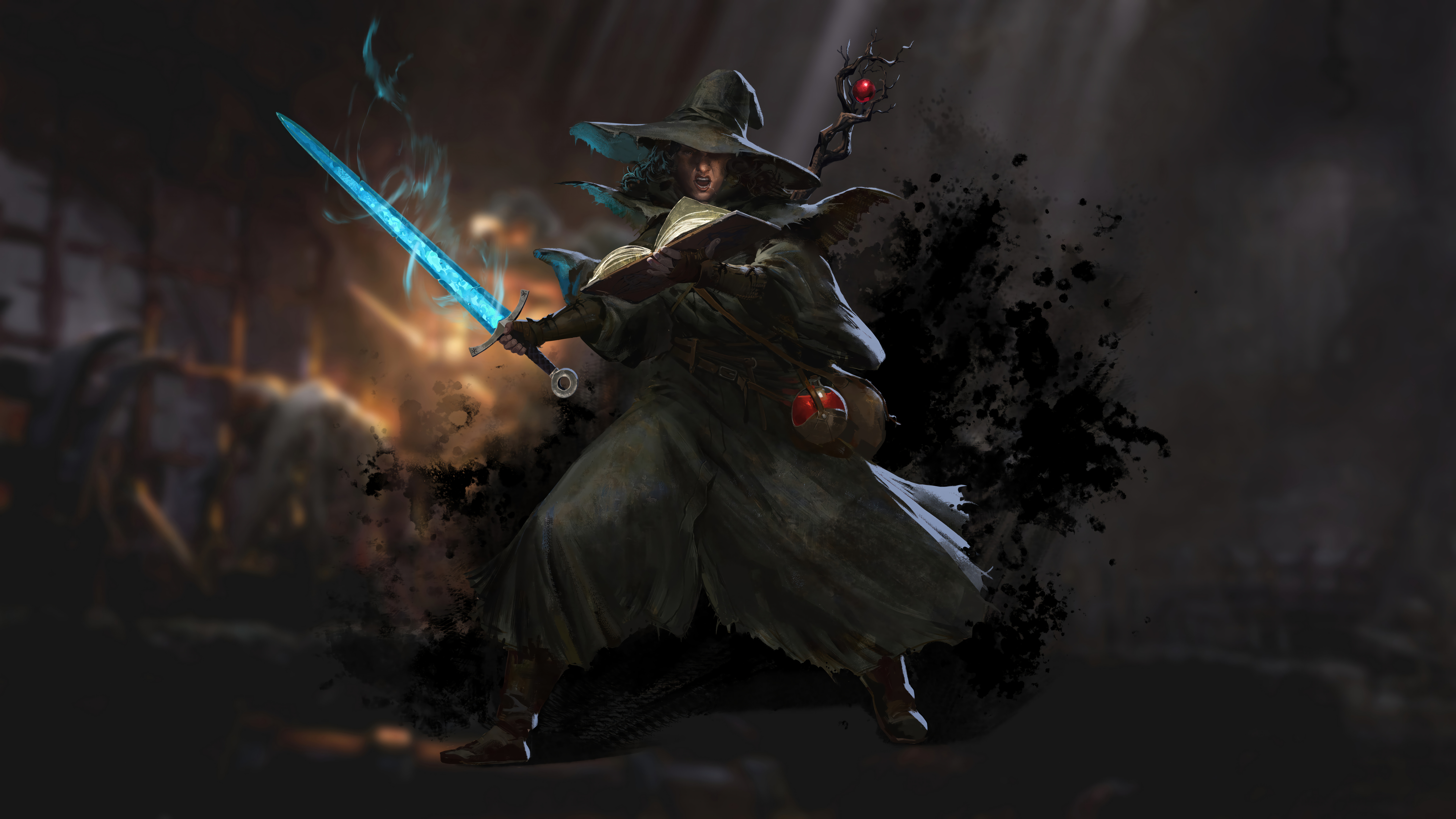 HD wallpaper of a mage from Dark and Darker casting a spell with a glowing blue sword, ideal for desktop background.