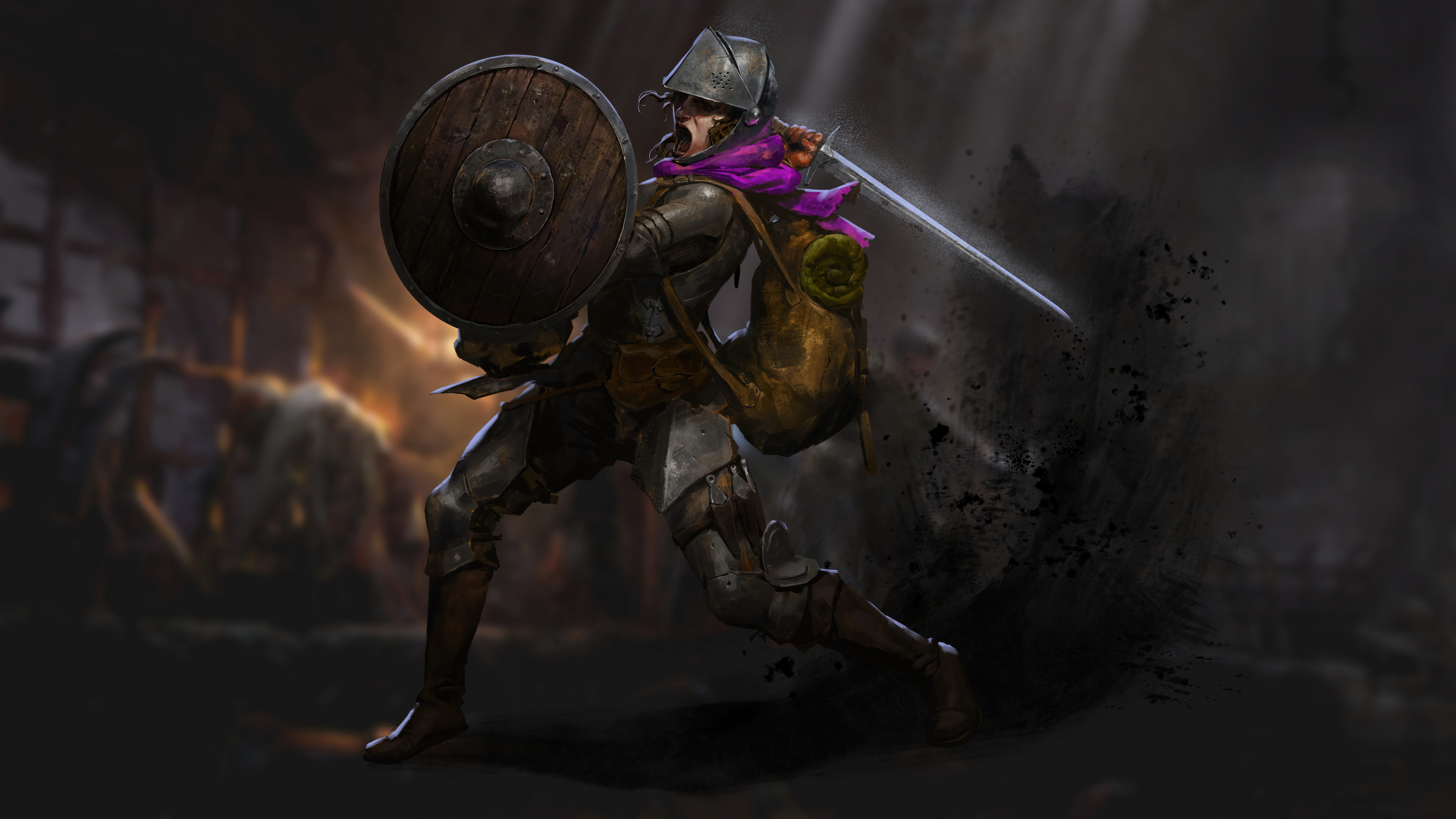 HD wallpaper featuring a medieval warrior with shield and sword in action, tagged Dark and Darker.