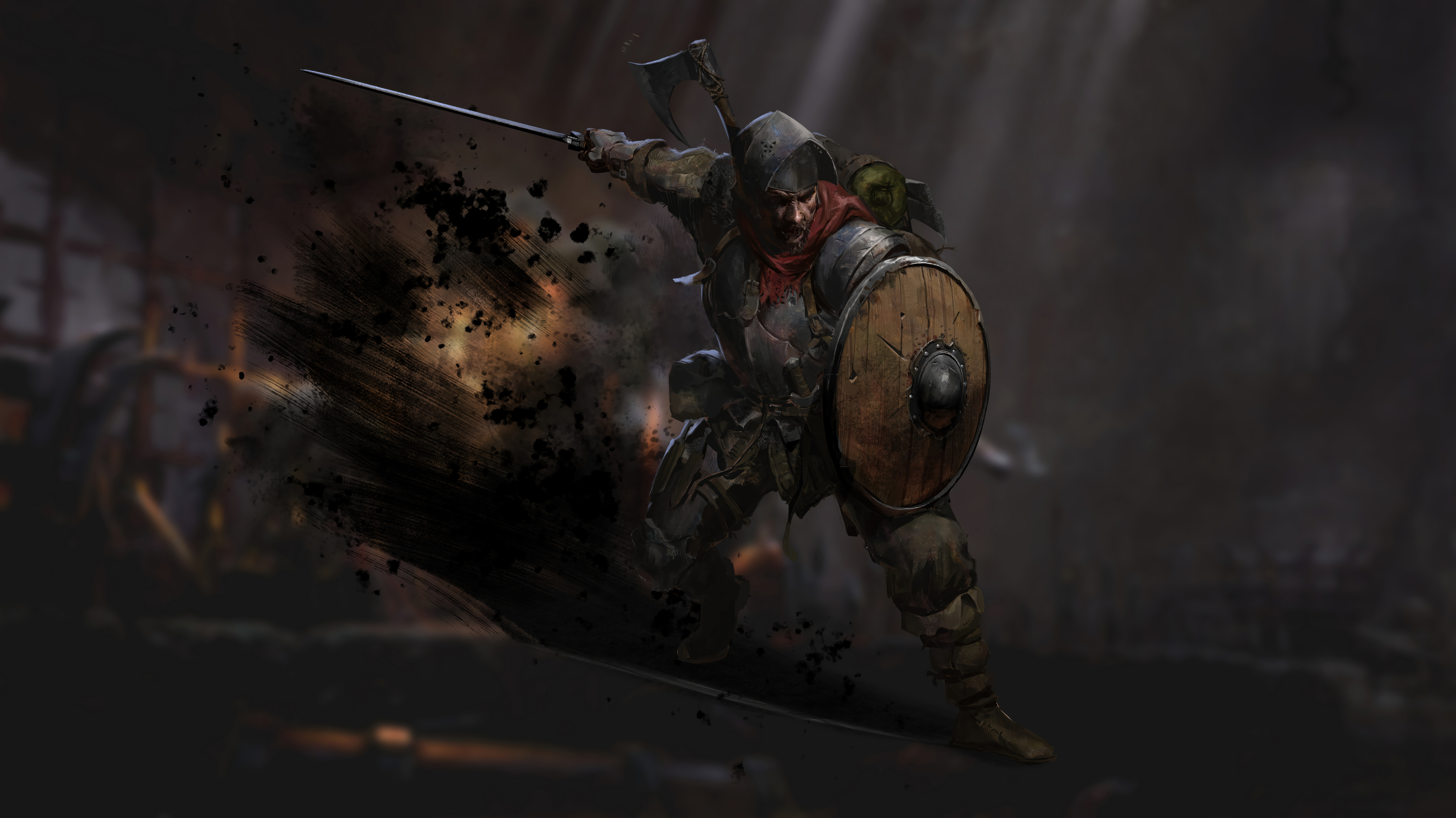 HD desktop wallpaper of a medieval knight in combat, featuring a dynamic pose with a sword and shield, themed with 'Dark and Darker' aesthetics for a background.