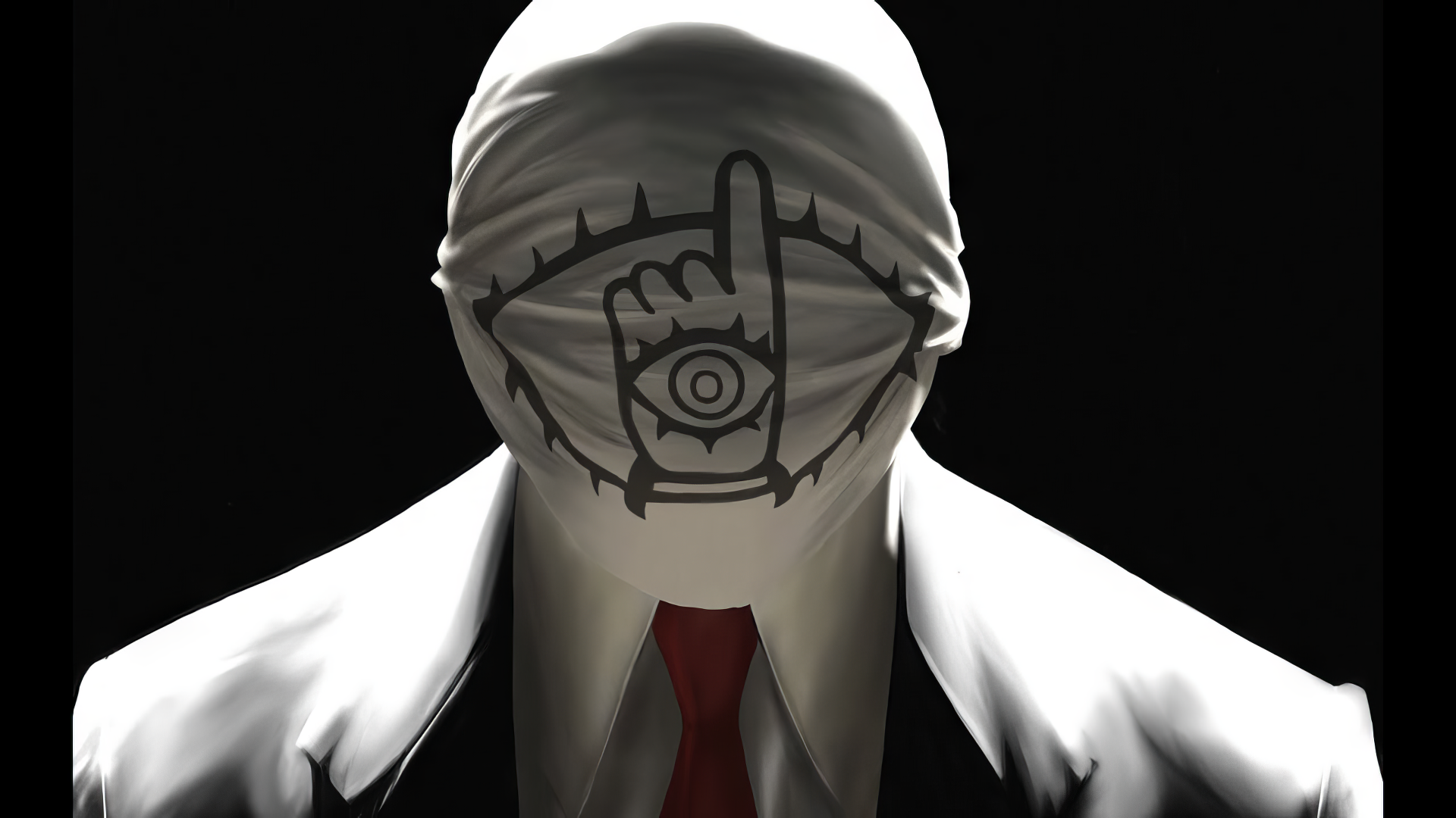 HD desktop wallpaper featuring an iconic 20th Century Boys character with symbolic hand covering face and eye emblem, set against a black background for a dramatic effect.