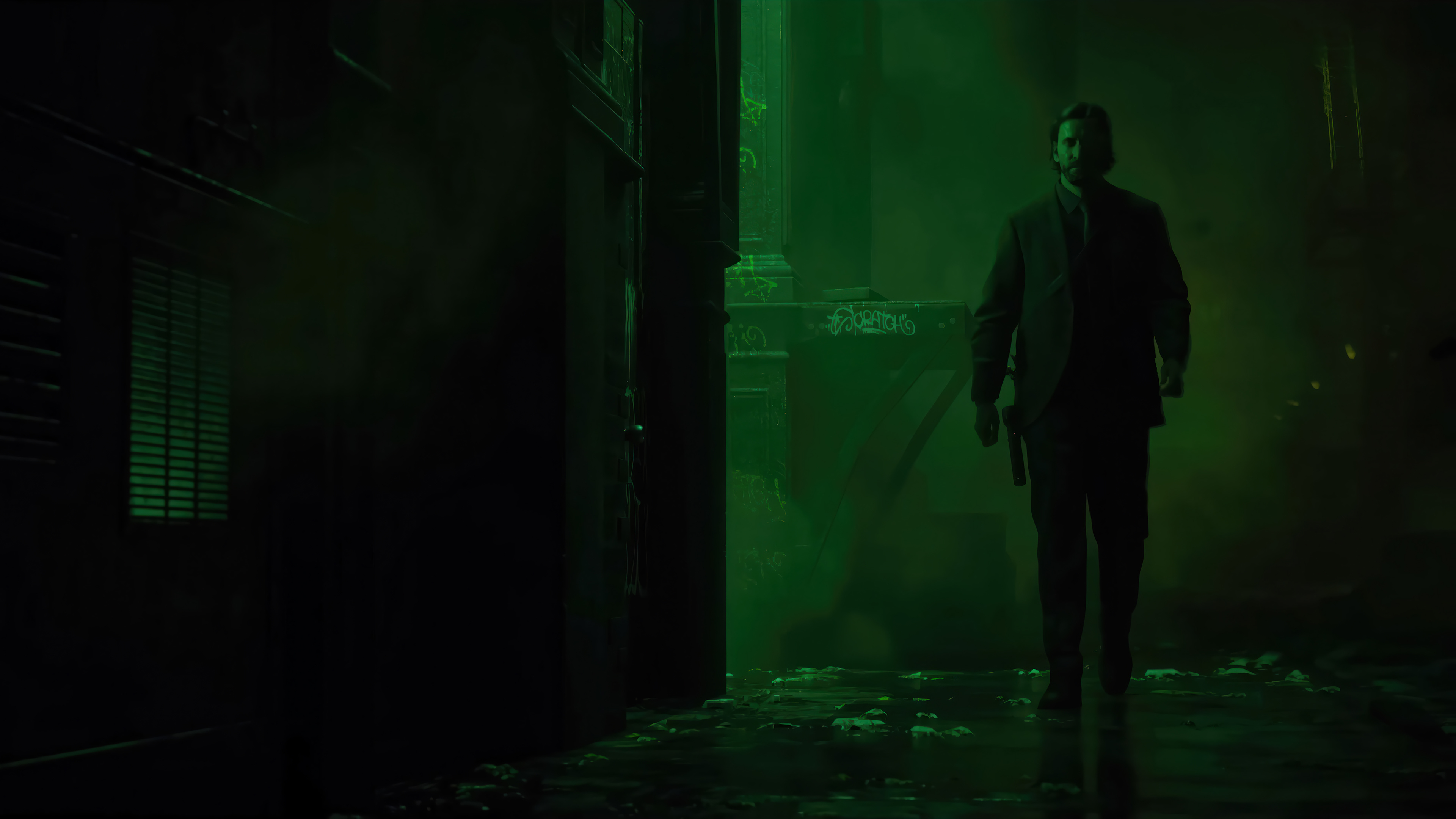 HD desktop wallpaper of Alan Wake 2 showcasing the game's protagonist walking through a dark, eerie alley illuminated by a mysterious green light, perfect for fans and gamers.