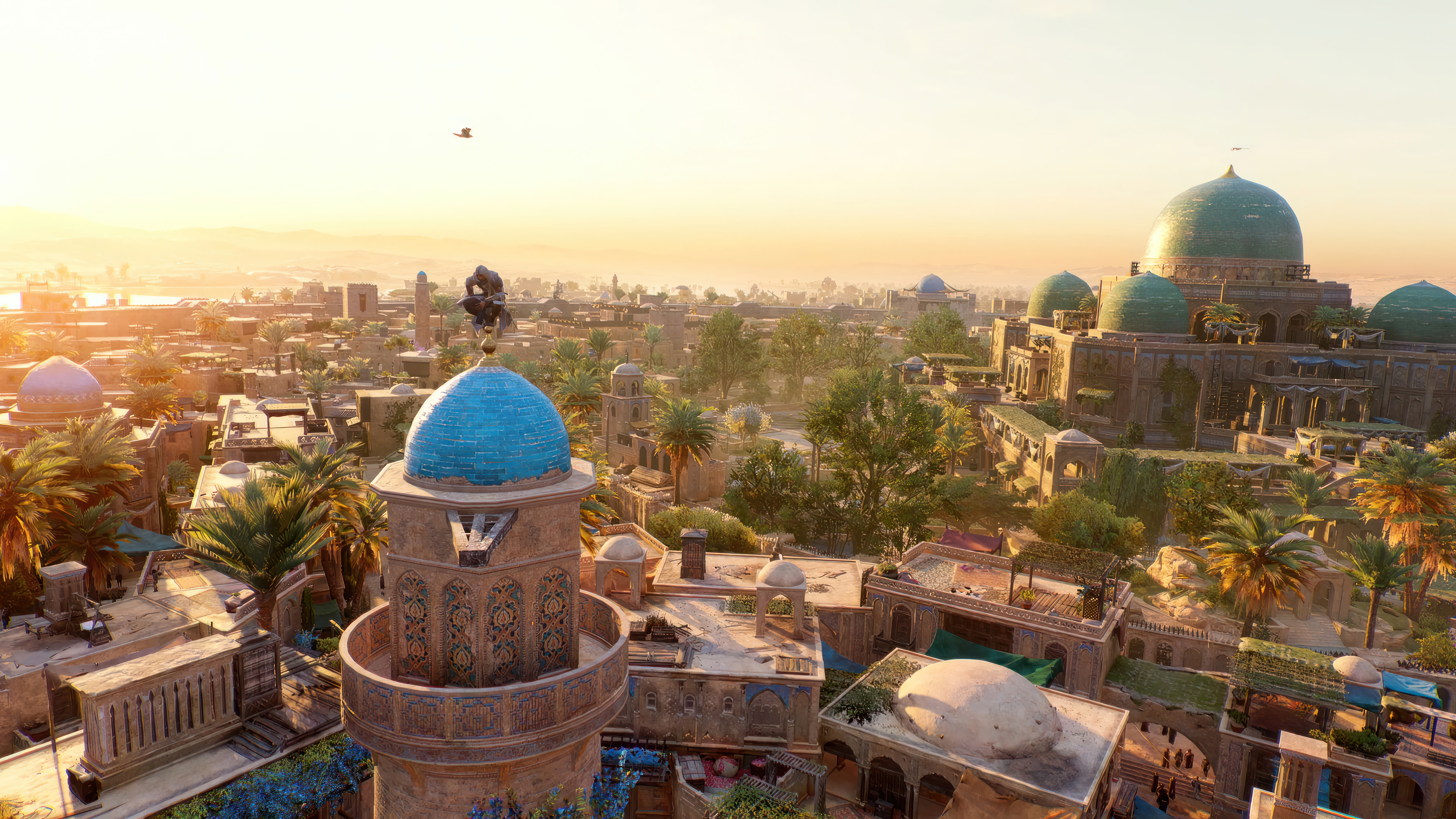 Assassin's Creed Mirage HD desktop wallpaper featuring a vibrant scene over ancient city rooftops with iconic architecture under a warm sunset.