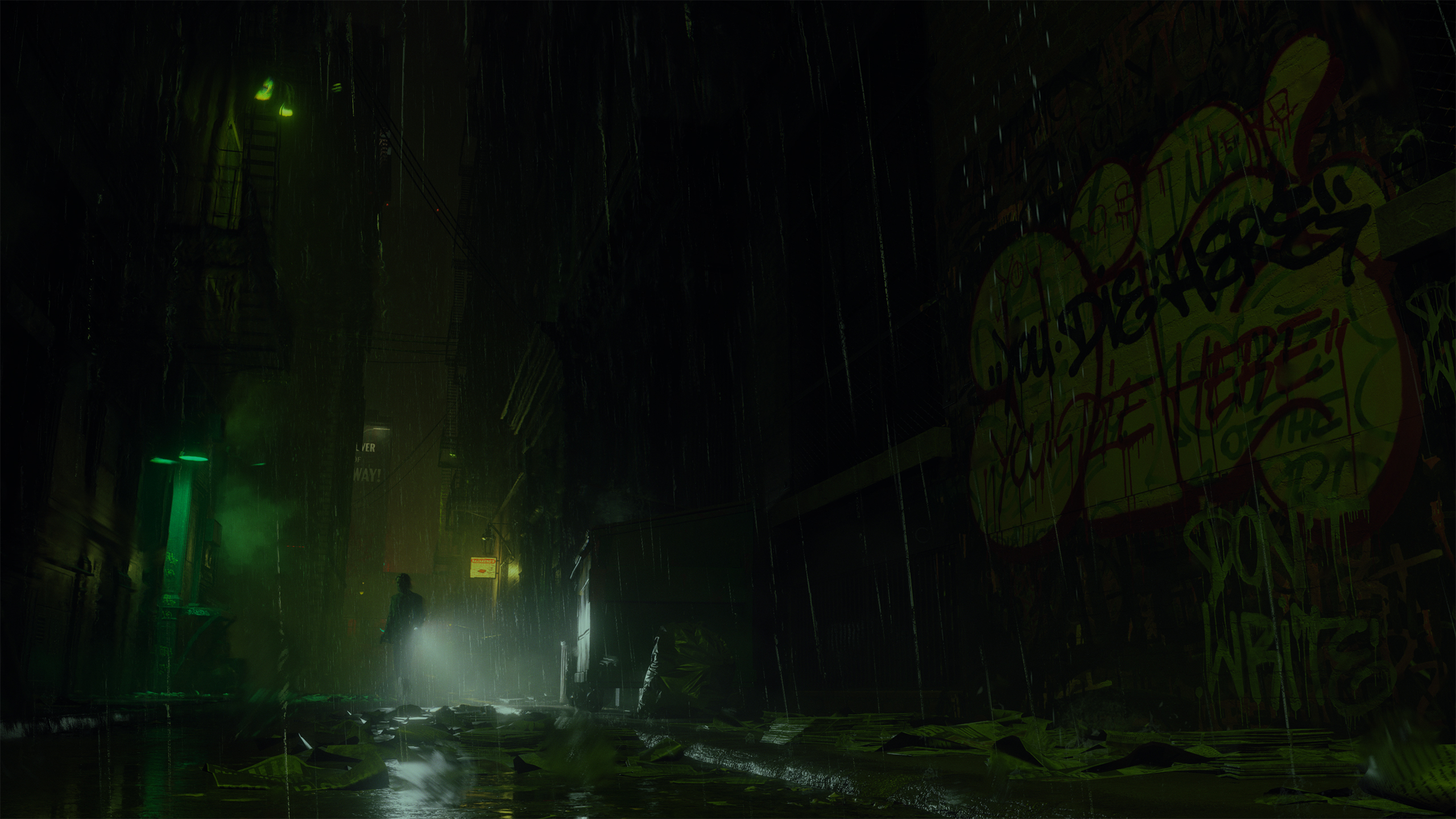 HD desktop wallpaper of Alan Wake 2 featuring a dark, rainy street scene with mysterious figure and graffiti.