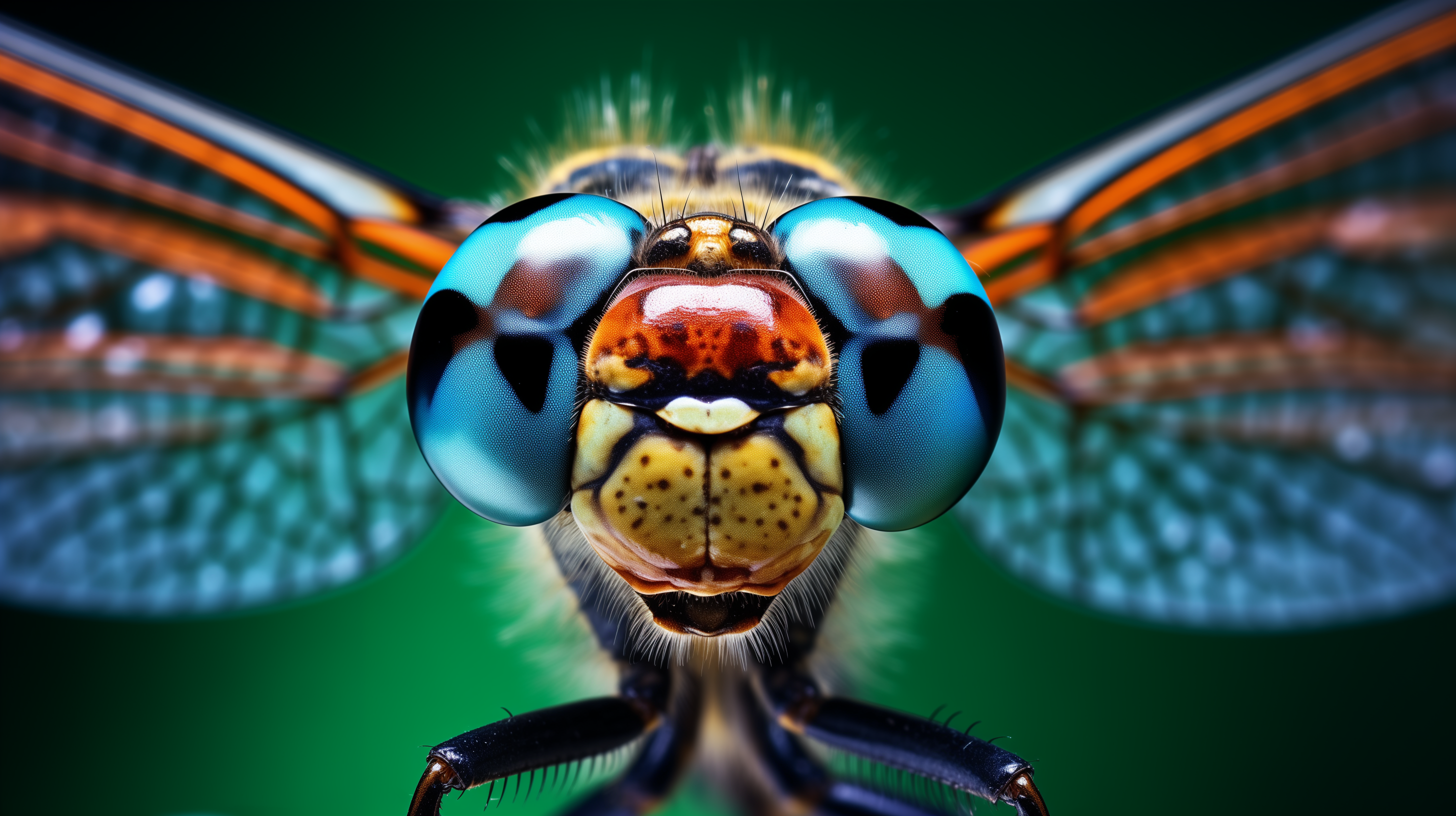 Close-up HD wallpaper of a dragonfly with detailed blue eyes and translucent wings on a blurred green background.