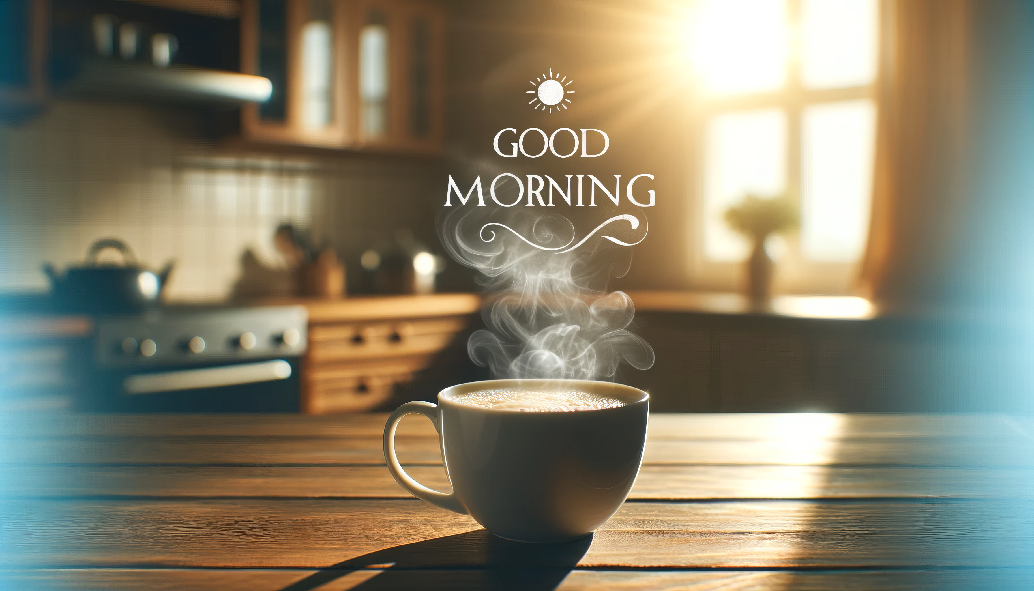 HD desktop wallpaper featuring a steaming cup of coffee with 'Good Morning' text, set against a sunny kitchen background.