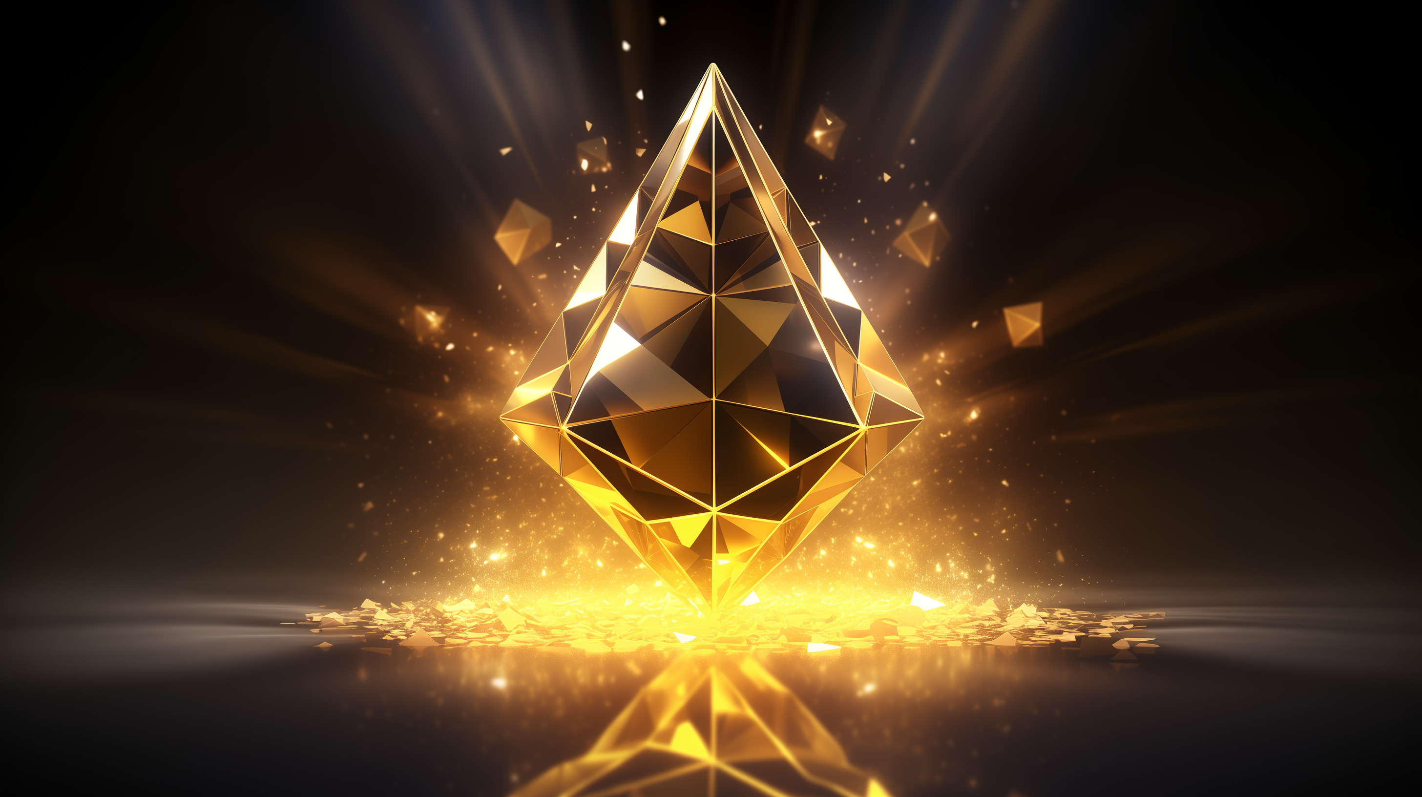 Ethereum logo shining brightly as a golden 3D crystal against a dark background with sparkling effects, ideal for HD cryptocurrency-themed desktop wallpaper.