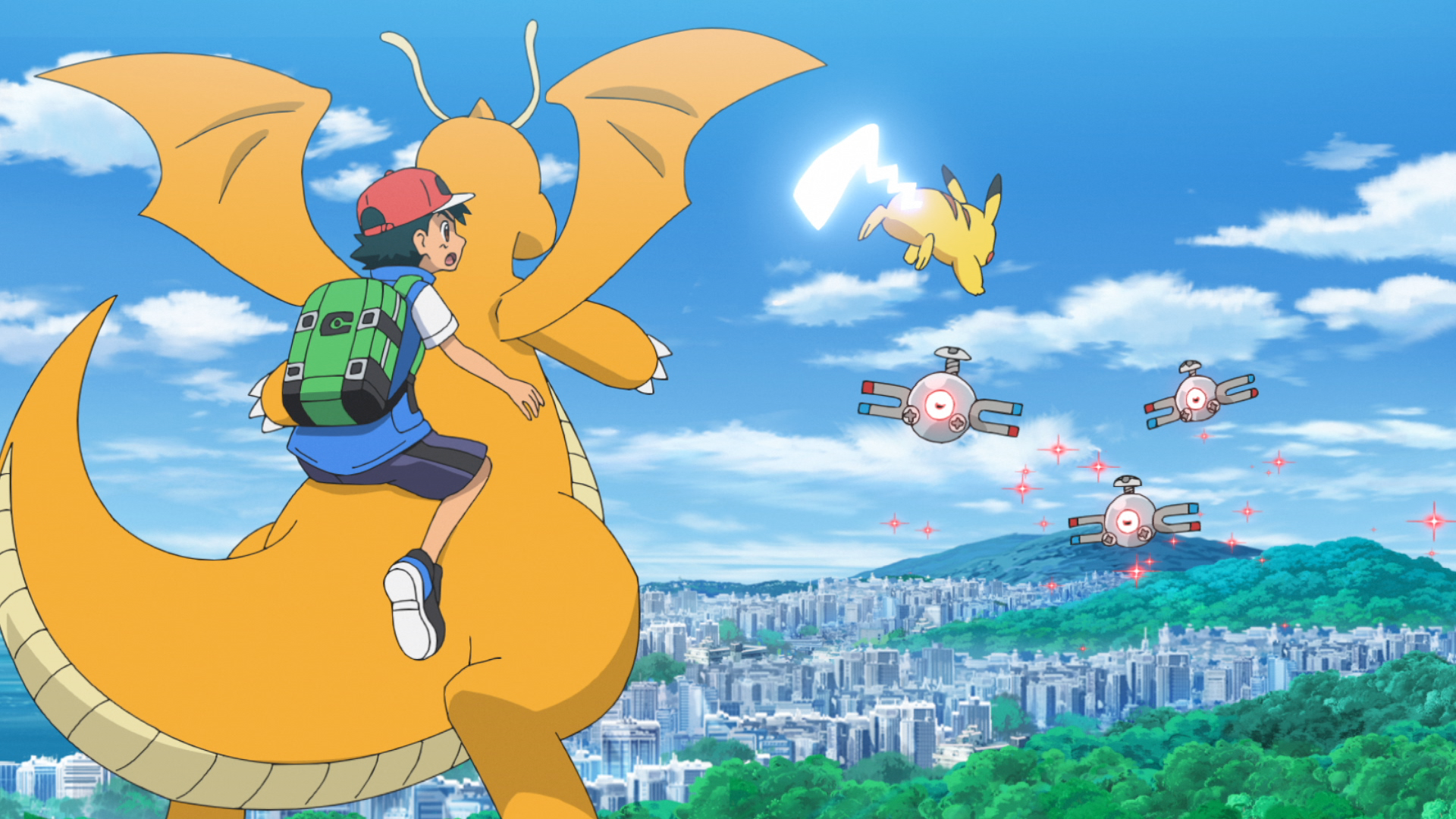 HD Wallpaper of Pokémon Ultimate Journeys: The Series featuring Ash riding on Dragonite with Pikachu in the sky, while drone-like objects fly nearby, set against a backdrop of a vibrant cityscape.