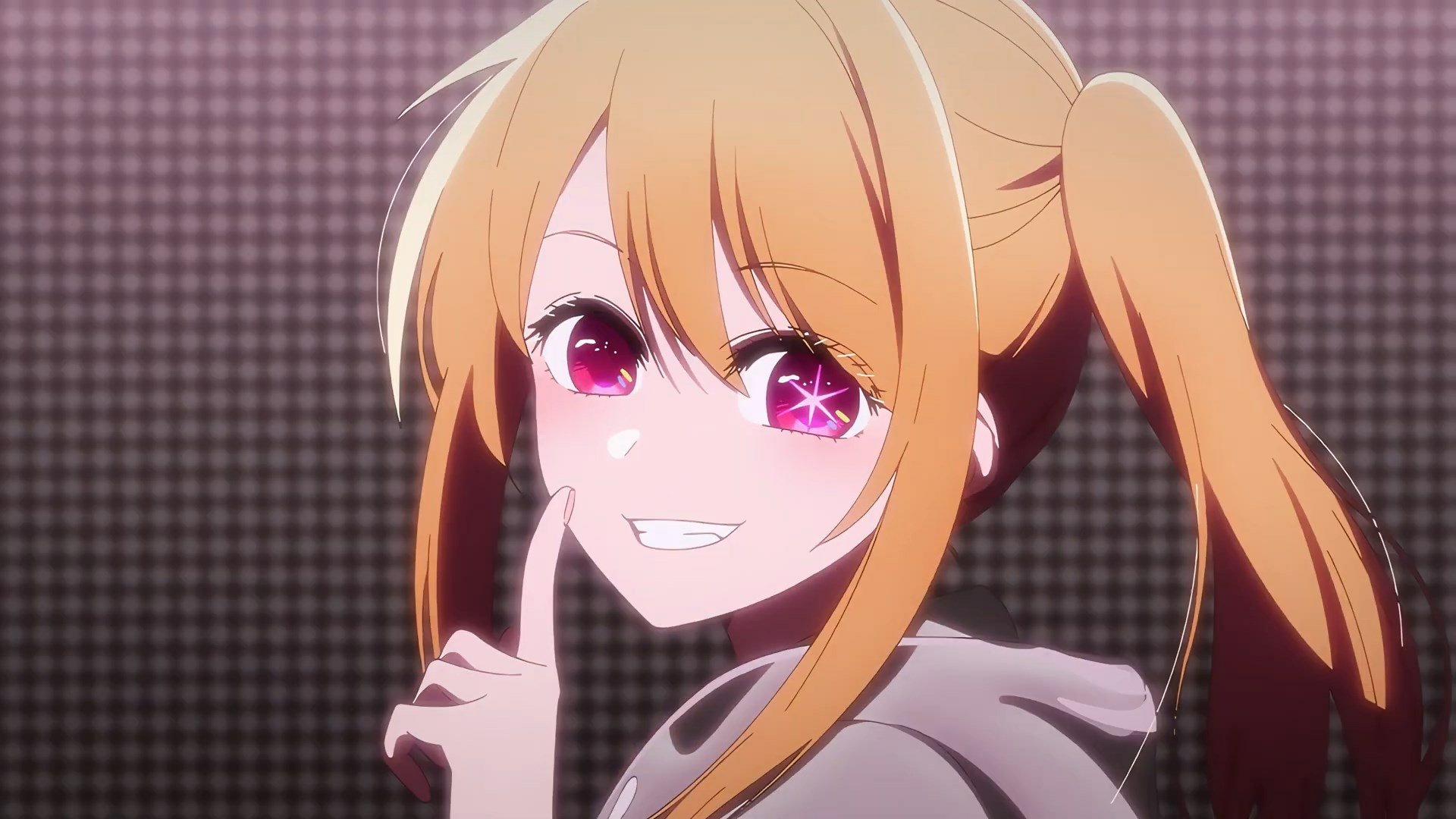 HD PC desktop wallpaper featuring an anime character from Oshi no Ko with bright pink eyes and orange twin-tailed hair against a checkered purple background.