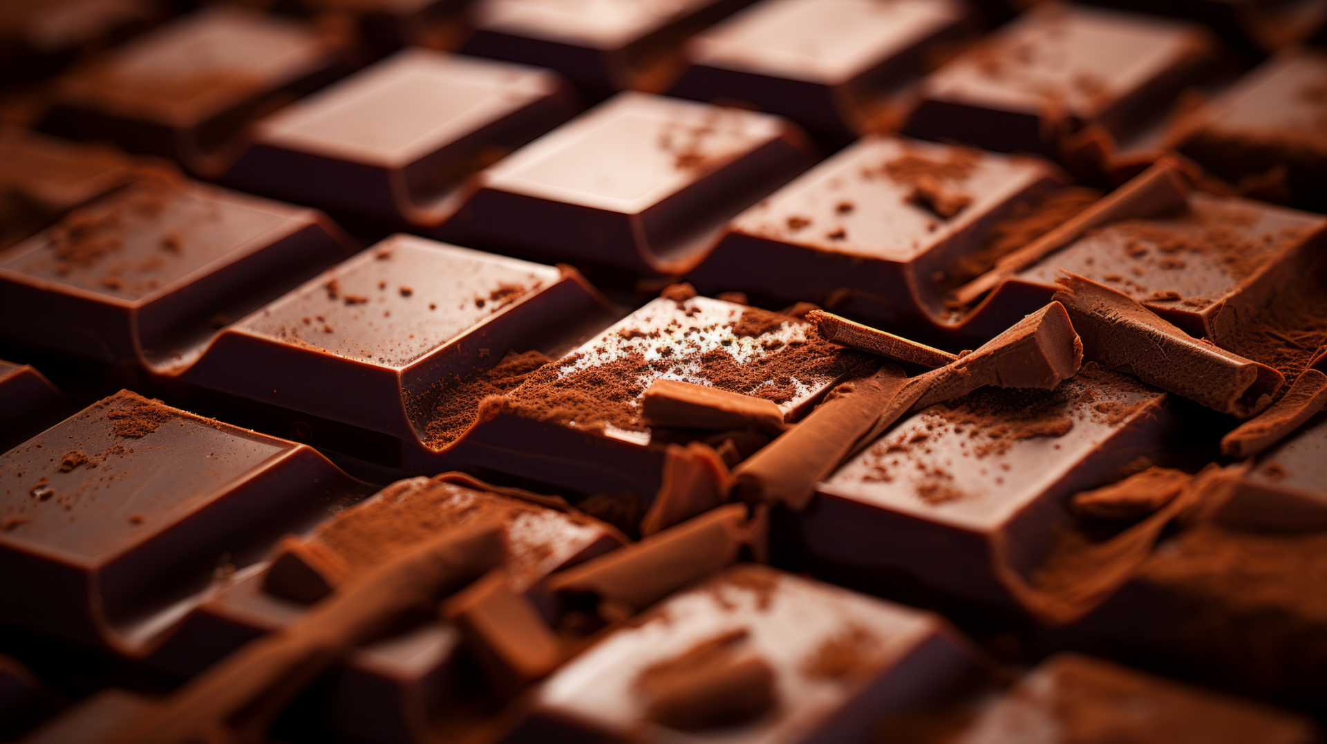 HD wallpaper featuring a close-up of rich, dark chocolate bars sprinkled with cocoa powder, created by AI art.