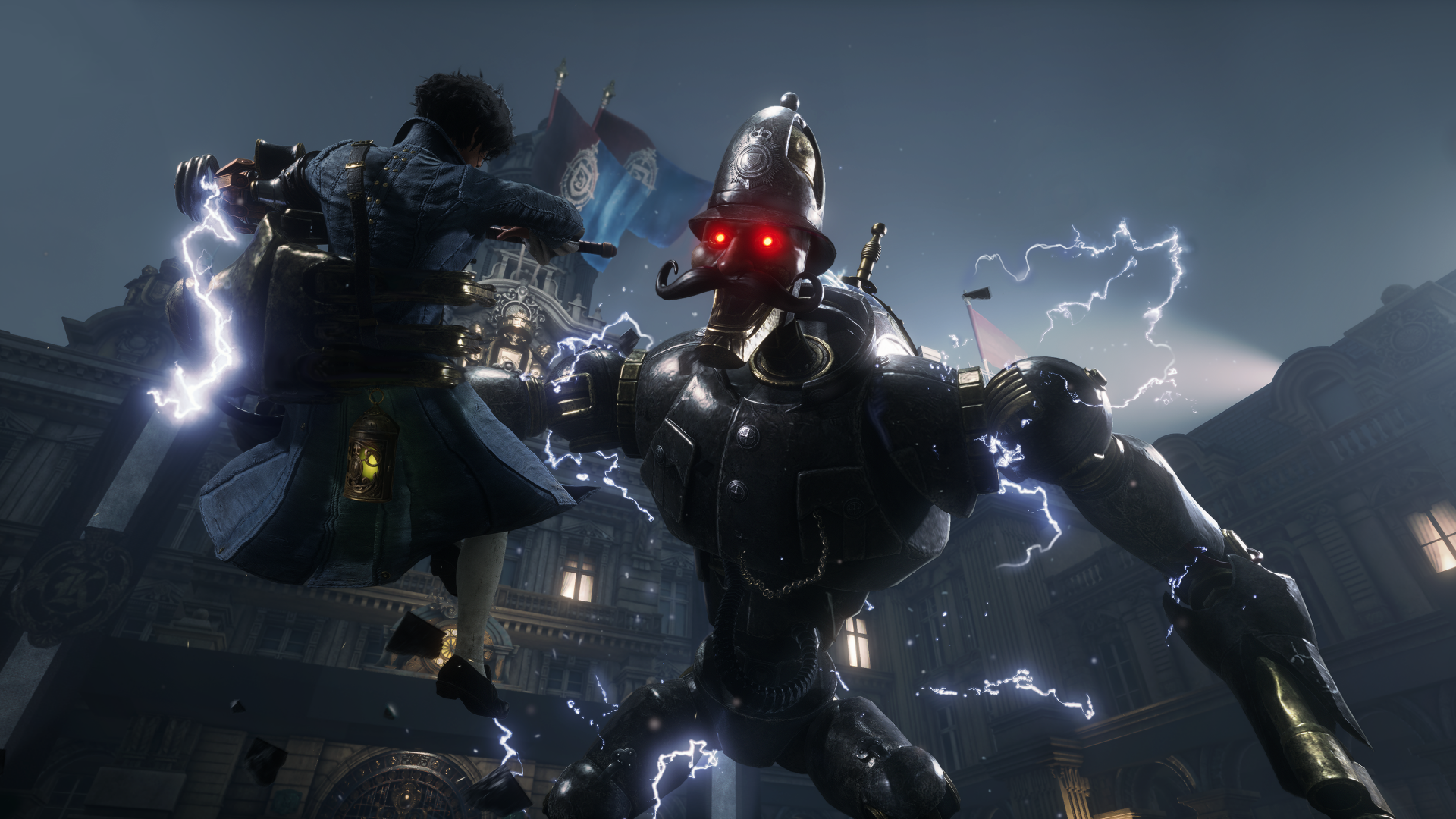 HD Wallpaper of Lies Of P featuring intense combat scene with robotic adversary and electric effects.