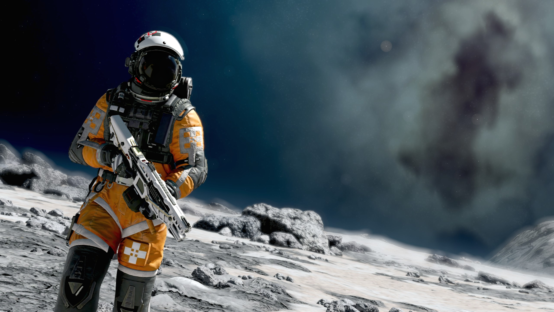HD desktop wallpaper featuring an astronaut in a yellow space suit standing on a moon-like surface with a starfield in the background.