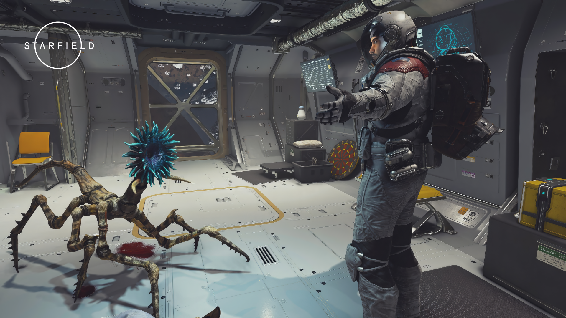 HD desktop wallpaper featuring an astronaut interacting with futuristic technology inside a spacecraft from the Starfield game.