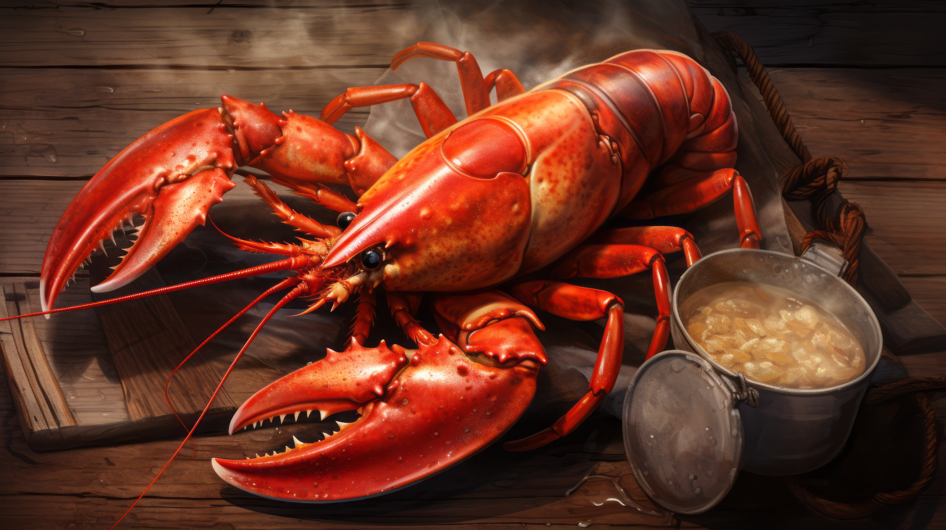 HD desktop wallpaper featuring a vibrant red lobster next to a bowl of seafood chowder, evoking a mouthwatering seafood dining experience.
