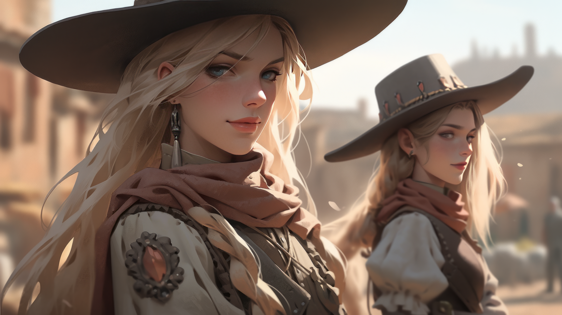HD desktop wallpaper featuring a fantasy cowgirl with a stylish hat and detailed Western attire, set against an Old West backdrop.