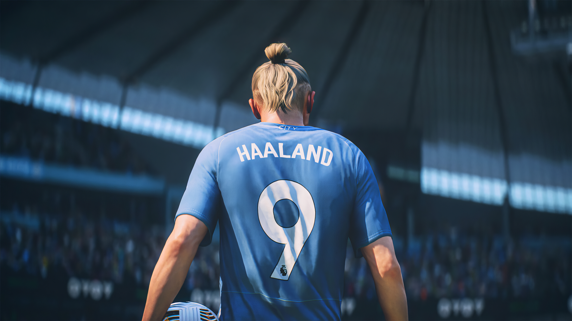 HD desktop wallpaper of a player from EA SPORTS FC 24 with 'HAALAND 9' on the jersey, seen from the back in a stadium setting.