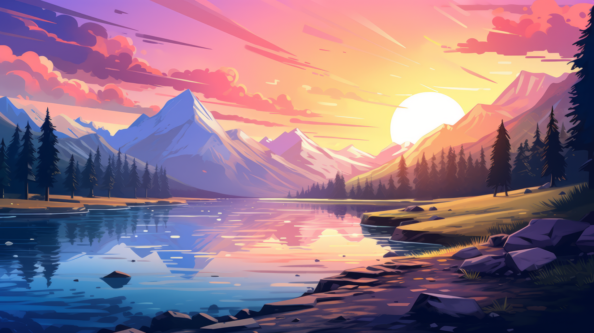 Artistic lo-fi style landscape HD wallpaper featuring a vibrant sunset over mountains with a reflective lake in the foreground.