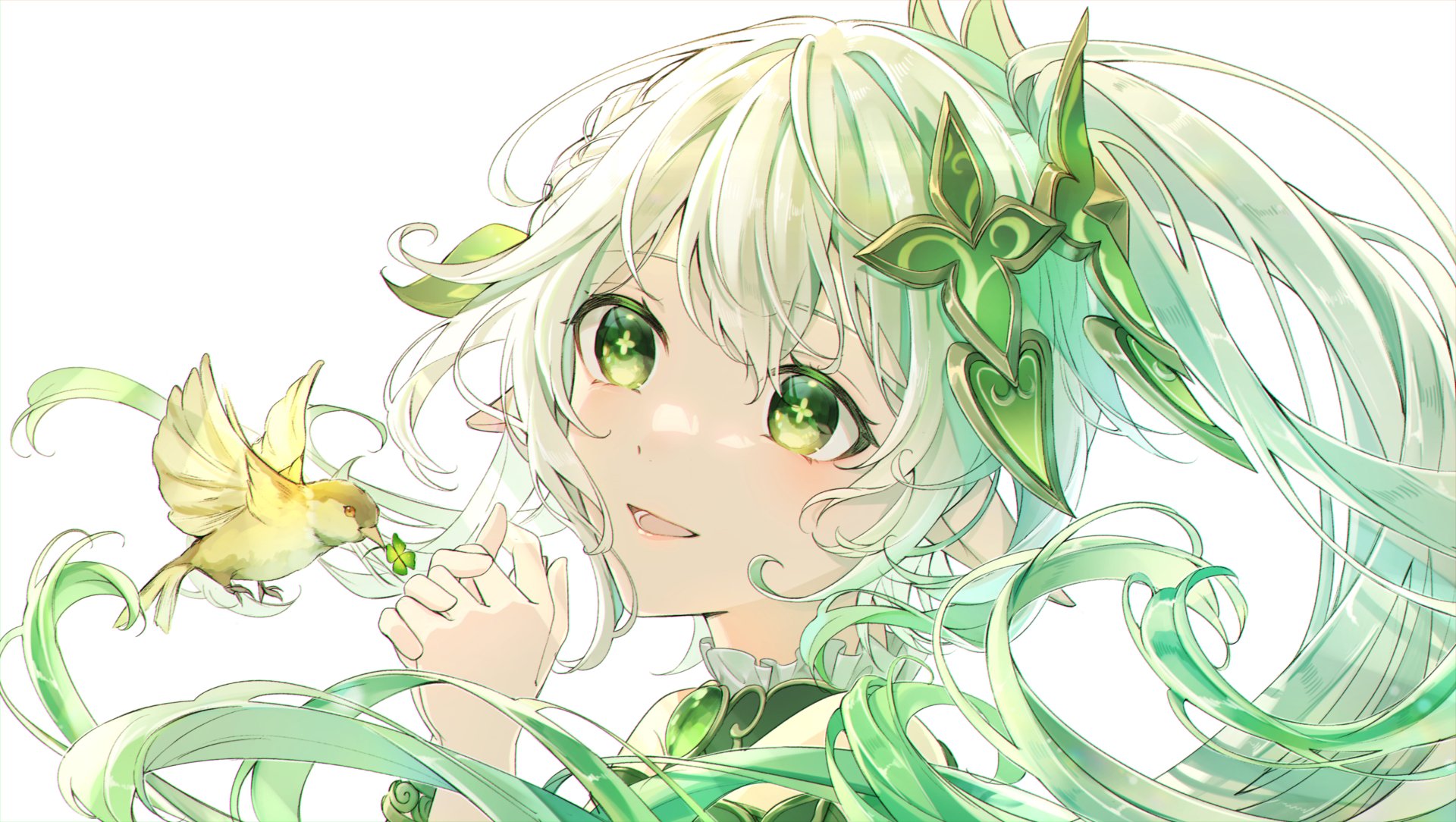 4K Ultra HD PC wallpaper featuring Nahida from the video game Genshin Impact, showcasing her with vibrant green hair and a small yellow bird.
