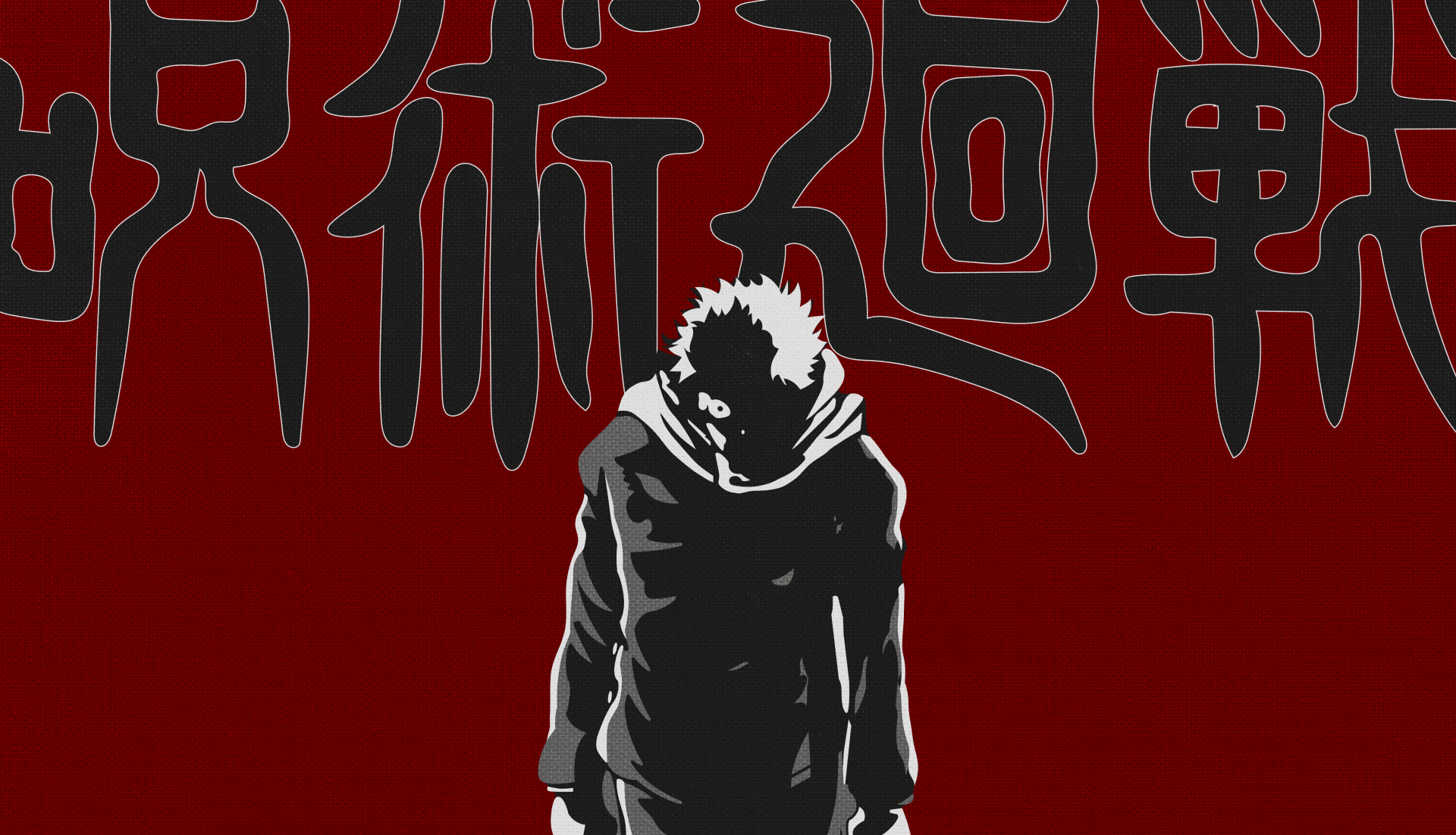 Sukuna from Jujutsu Kaisen stands against a dark red background with bold Japanese characters, presented as a 4K Ultra HD anime desktop wallpaper.