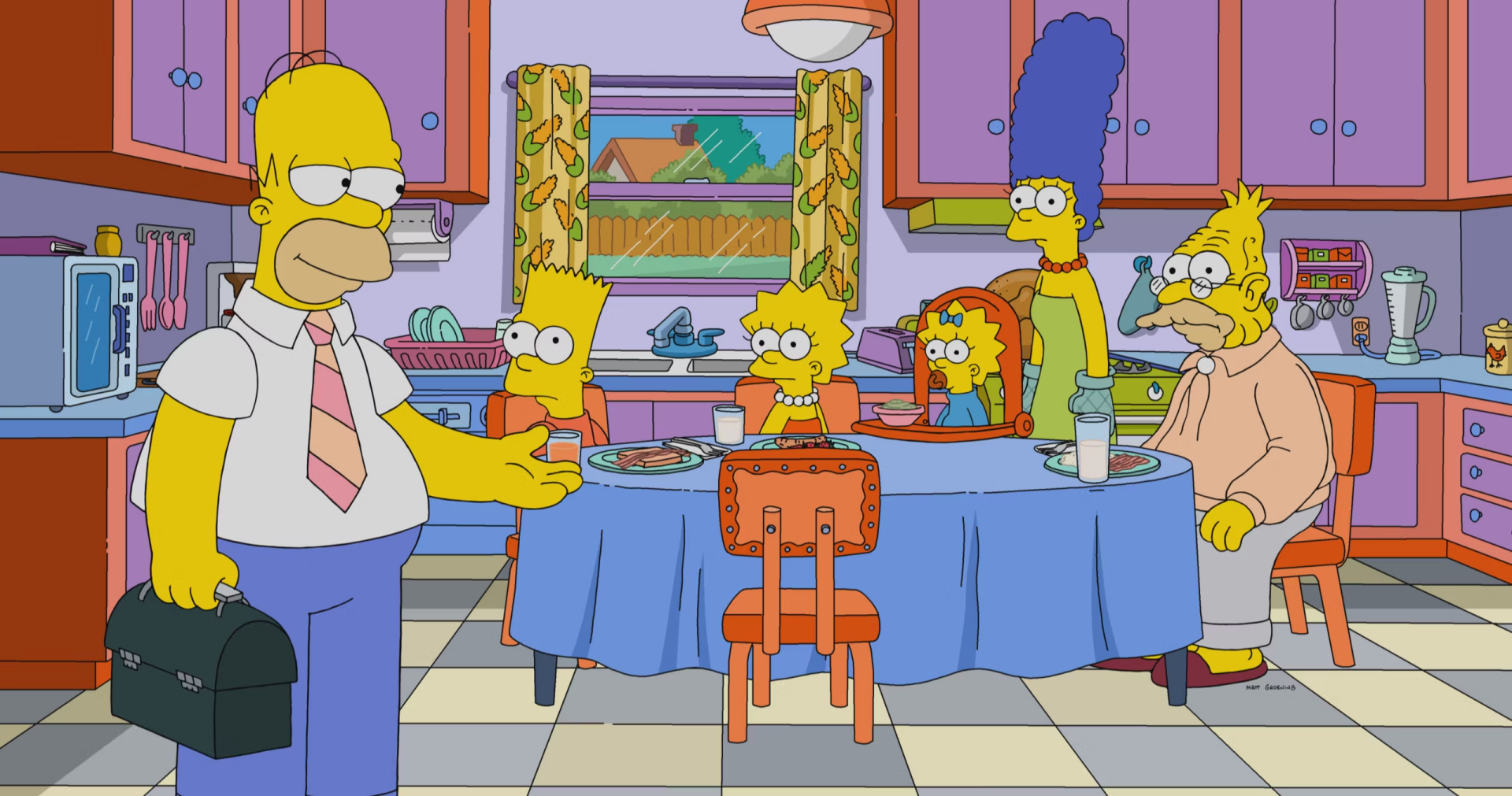 HD desktop wallpaper featuring the Simpson family at the dinner table in their kitchen from the TV show The Simpsons.