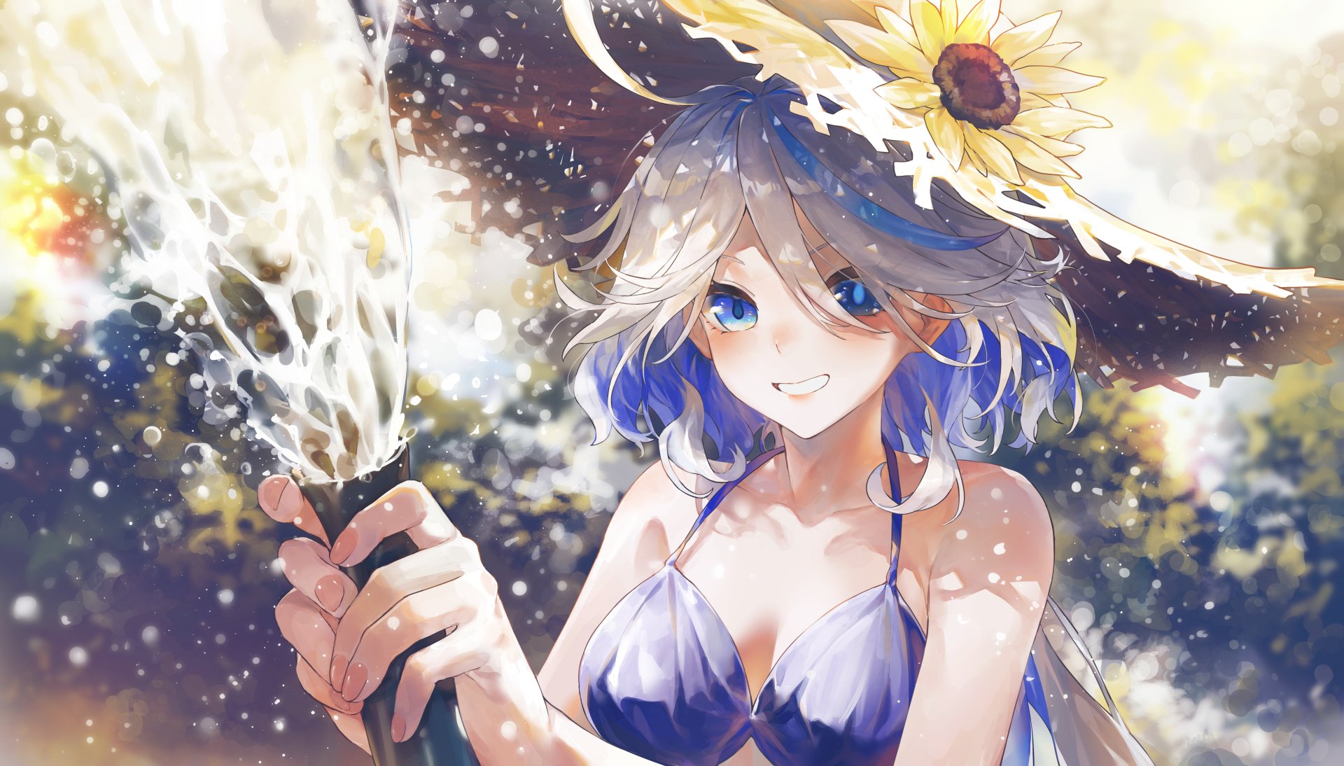 4K Ultra HD PC desktop wallpaper featuring Furina from Genshin Impact, depicted with a sunflower hat and water flowing from her hand in a bright, magical scene.