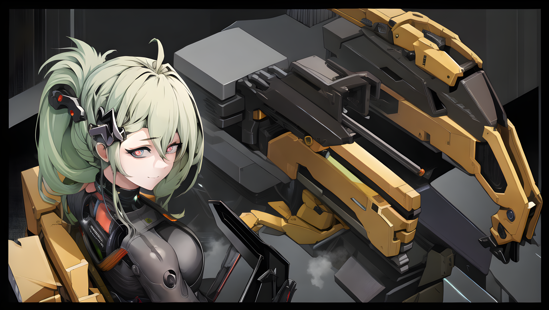 Delacey from the video game Girls' Frontline: Project Neural Cloud — green-haired cyborg woman beside heavy gold mechanical weapons in a 4K Ultra HD PC desktop wallpaper background