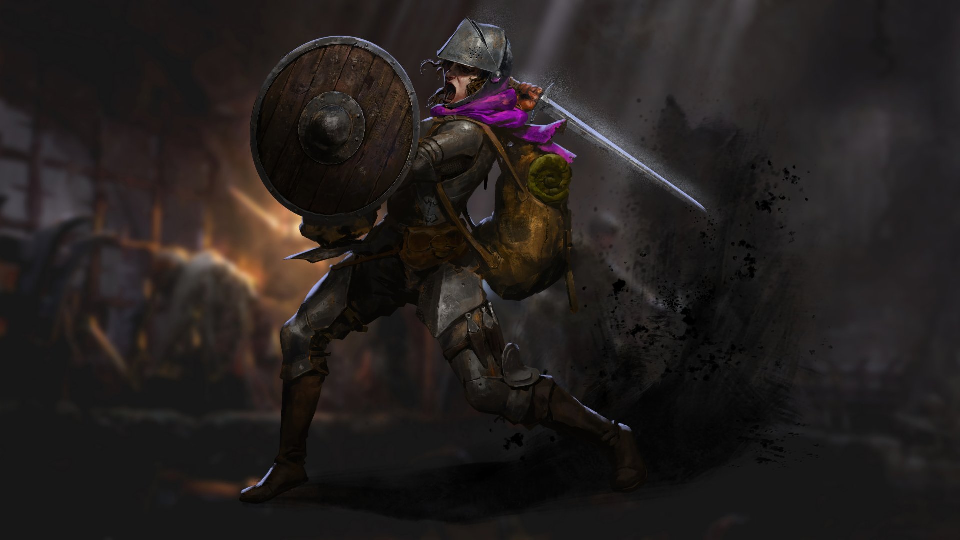 HD desktop wallpaper from the video game Dark and Darker, featuring a knight with a shield and sword charging amid a battle scene.