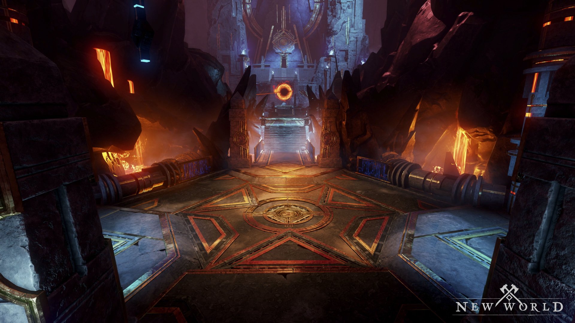 HD desktop wallpaper featuring a mystical interior scene from the game New World, with glowing torches and ancient architecture.