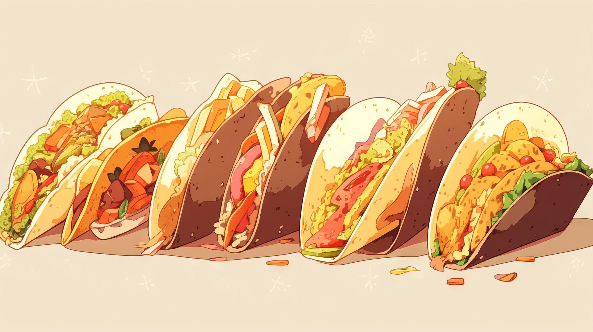 A colorful array of tacos, showcasing various fillings and toppings, set against a soft backdrop. This HD desktop wallpaper captures the vibrant essence of delicious food.