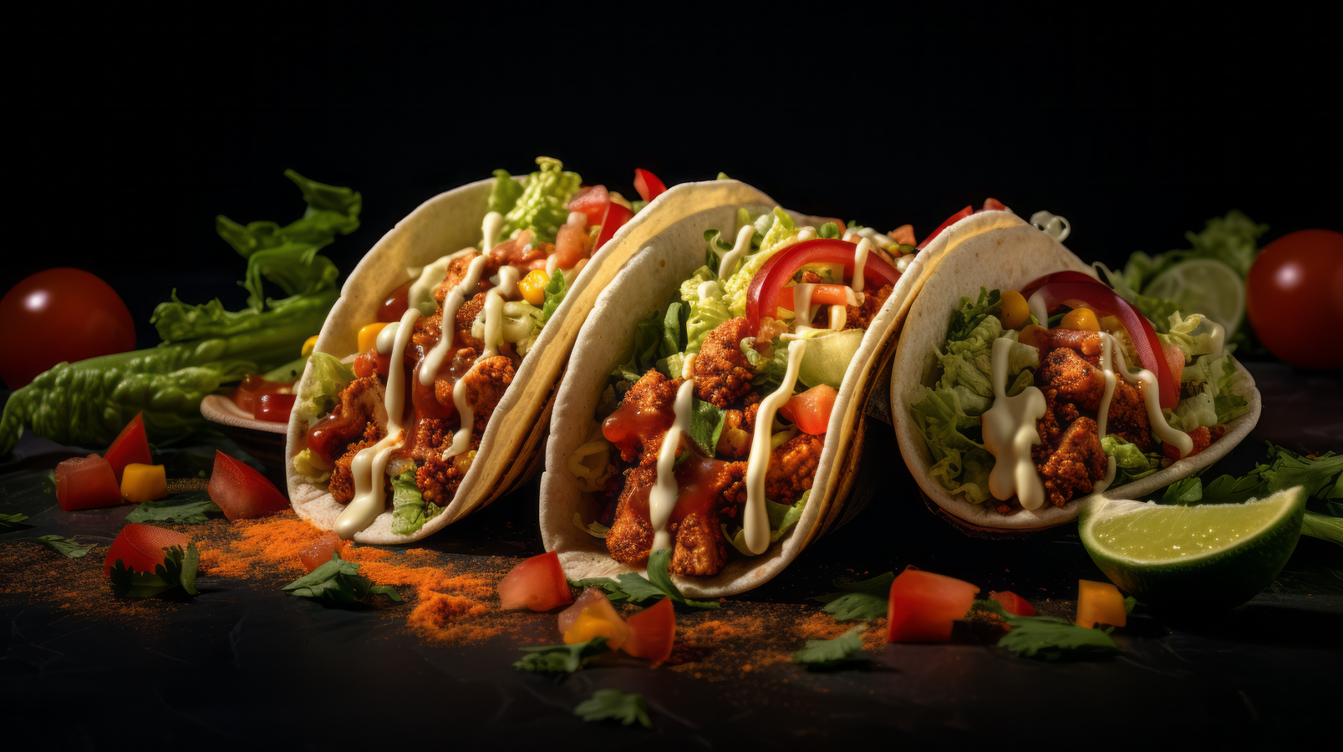 Three delicious tacos filled with fresh ingredients, garnished with vegetables, and placed on a dark background, creating a vibrant food-themed HD desktop wallpaper.