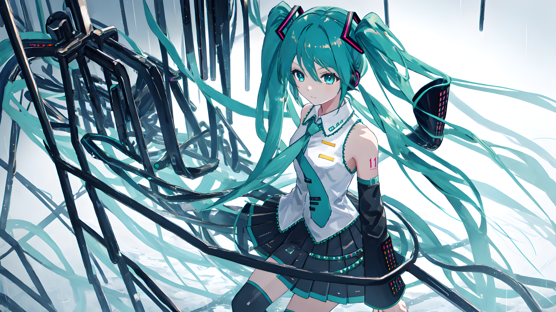 Hatsune Miku, a popular Vocaloid character, is depicted in a vibrant 4K Ultra HD anime wallpaper, surrounded by flowing cables, showcasing her iconic turquoise hair and stylish outfit.