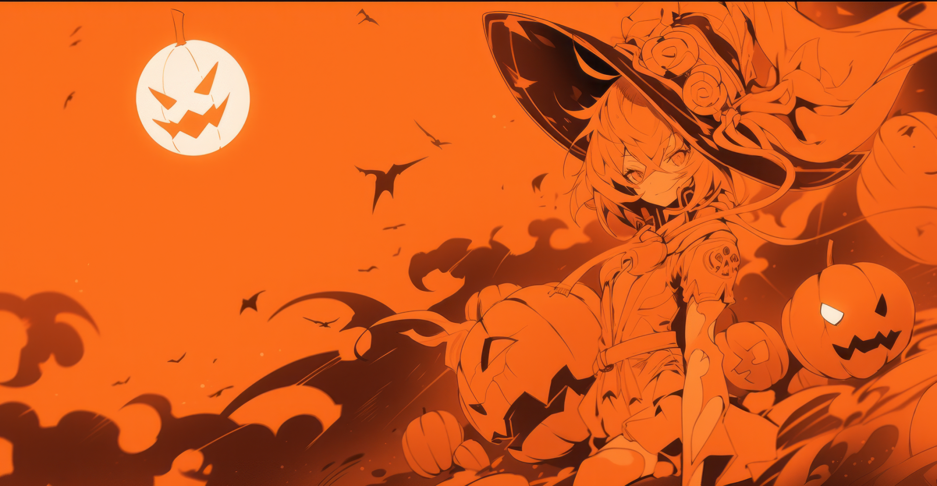 Halloween-themed HD desktop wallpaper featuring an orange and black illustration of a whimsical character in a witch costume with pumpkins and bats.