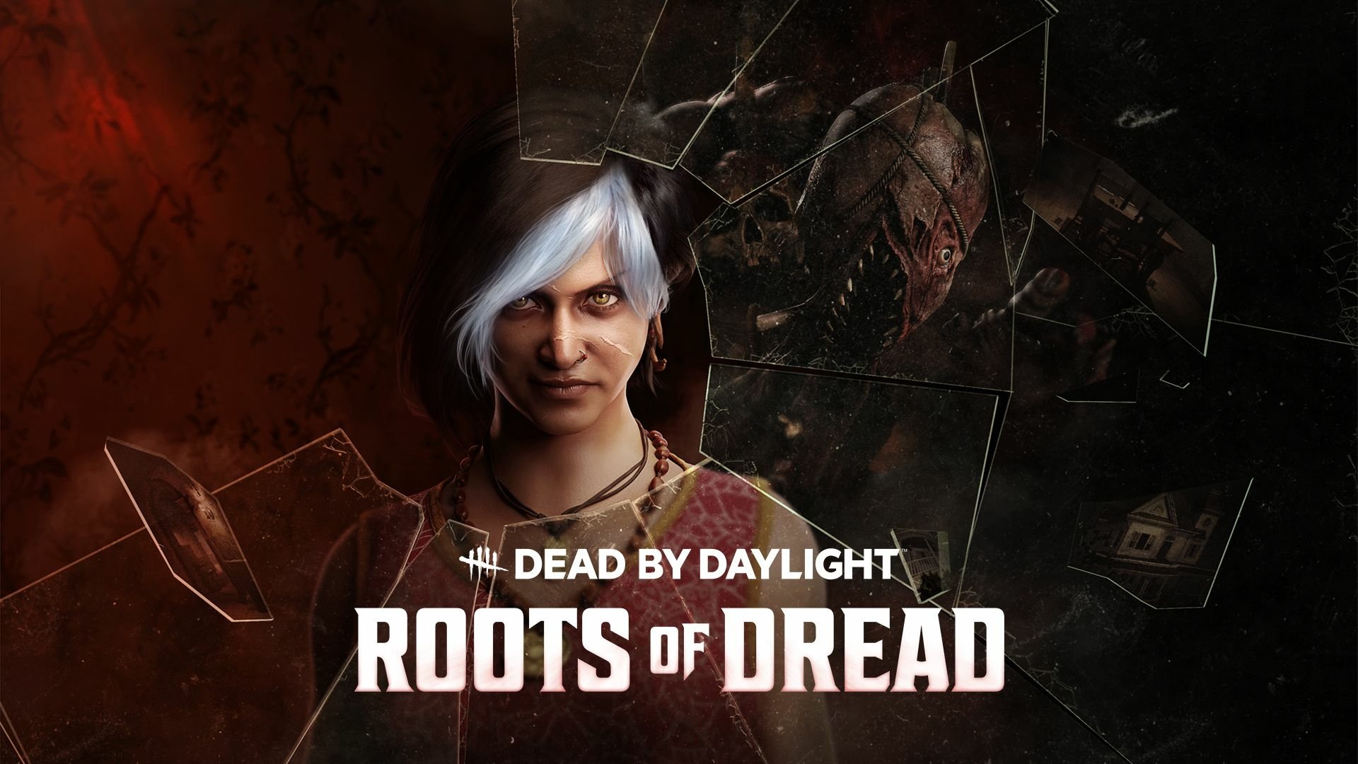 HD desktop wallpaper for Dead by Daylight: Roots of Dread featuring a female character with white and blue hair, intense stare, and a dark, textured background with enigmatic symbols.