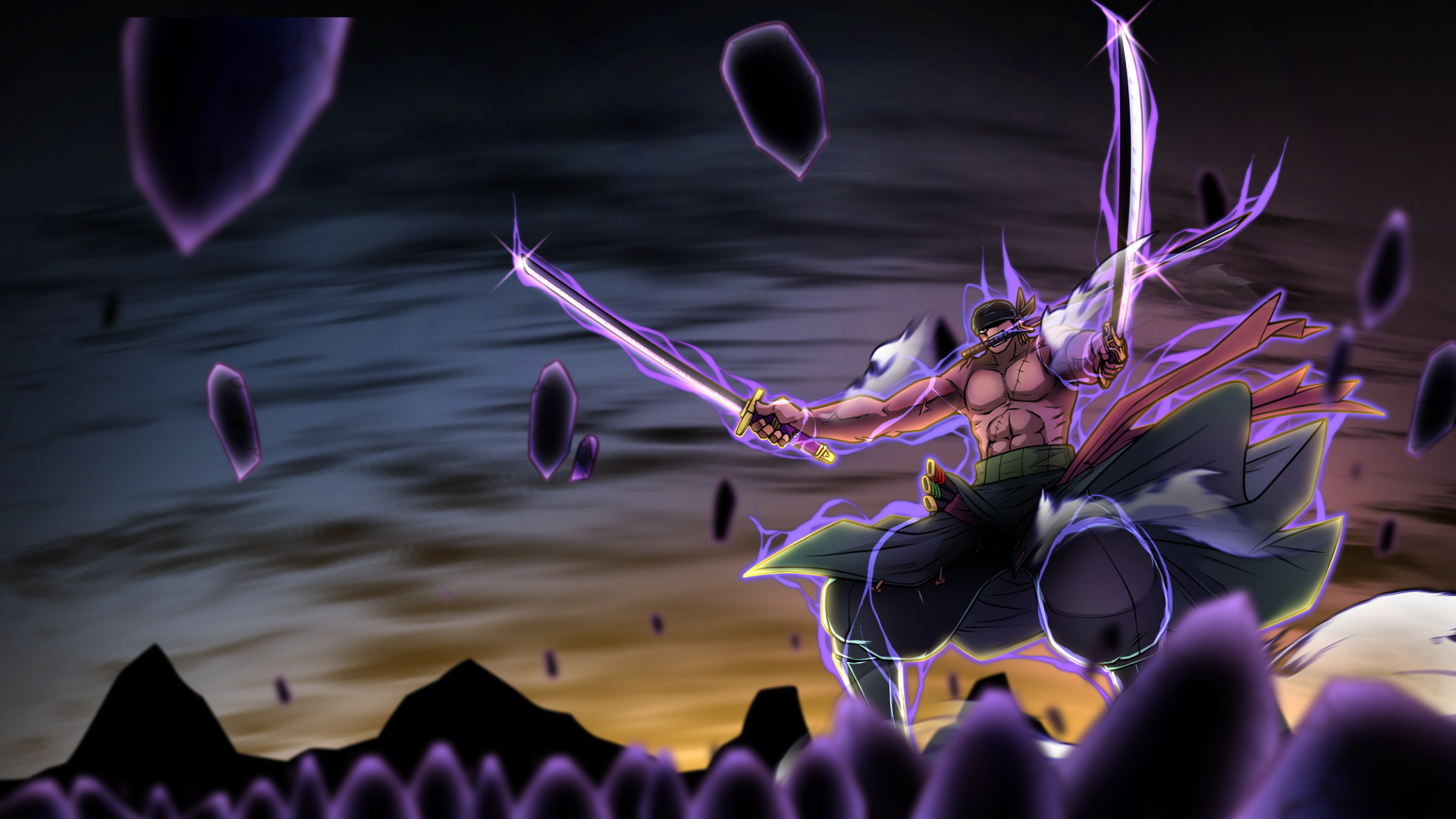 HD wallpaper featuring Roronoa Zoro from the anime One Piece, showcasing his dynamic pose with swords amid purple energy and a dramatic sky.